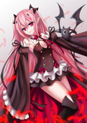 Rule 34 | 10s, 1girl, absurdres, black dress, boots, dress, feathers, flying, highres, krul tepes, monster, no bra, owari no seraph, pink eyes, pink hair, pointy ears, ribbon, smile, solo, twintails, yoneyu