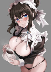 Rule 34 | 1girl, alternate costume, aqua eyes, bespectacled, black hair, black panties, blush, braid, breasts, brooch, cleavage, cleavage cutout, clothing cutout, coffee, coffee cup, cup, disposable cup, enmaided, french braid, furong (furong 0), glasses, grey background, hair bun, highres, holding, holding cup, idolmaster, idolmaster cinderella girls, jewelry, juliet sleeves, large breasts, long sleeves, looking at viewer, maid, maid headdress, no pants, panties, puffy sleeves, sagisawa fumika, simple background, single hair bun, smile, solo, underwear