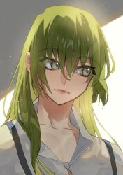 Rule 34 | 1boy, androgynous, bishounen, closed mouth, collarbone, enkidu (fate), eyelashes, fate/grand order, fate (series), green hair, grey eyes, hair between eyes, highres, kujiraoka, light particles, long hair, looking to the side, male focus, portrait, robe, sidelighting, solo, white robe