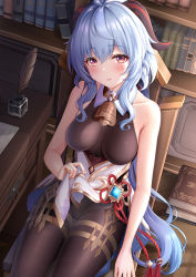 Rule 34 | 1girl, aqua hair, bare arms, bare shoulders, bell, blush, bodysuit, book, bookshelf, breasts, brown bodysuit, brown pantyhose, chair, commentary request, desk, ganyu (genshin impact), genshin impact, grey nails, highres, horns, inkwell, jewelry, long hair, looking at viewer, medium breasts, monaka curl, nail polish, paid reward available, pantyhose, paper, pendant, purple eyes, quill, sidelocks, sitting, sleeveless, sleeveless bodysuit, solo