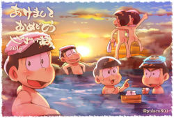 Rule 34 | 10s, 6+boys, :3, ass, bad id, bad twitter id, bottle, brothers, brown hair, bucket, cup, eyebrows, closed eyes, looking at viewer, male focus, matsuno choromatsu, matsuno ichimatsu, matsuno jyushimatsu, matsuno karamatsu, matsuno osomatsu, matsuno todomatsu, multiple boys, nude, onsen, osomatsu-kun, osomatsu-san, partially submerged, pointing, pulaco, sakazuki, sake bottle, sextuplets, siblings, smile, sunset, text focus, thick eyebrows, towel, towel around neck, towel on head, translation request, twitter username, wooden bucket