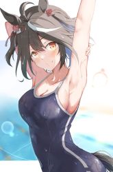 Rule 34 | 1girl, ahoge, animal ears, armpits, arms up, backlighting, black one-piece swimsuit, blue one-piece swimsuit, blurry, blush, breasts, brown hair, cleavage, closed mouth, competition school swimsuit, competition swimsuit, covered navel, depth of field, from side, hair between eyes, hair ribbon, highres, horse ears, horse girl, horse tail, kitasan black (umamusume), lens flare, looking at viewer, matcha7611, medium breasts, multicolored hair, one-piece swimsuit, red ribbon, ribbon, school swimsuit, short hair, smile, solo, streaked hair, swimsuit, tail, two-tone hair, umamusume, upper body, wet, white hair, yellow eyes