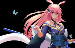 Rule 34 | 1girl, absurdres, animal ears, bare shoulders, black background, blue butterfly, blue kimono, breasts, bug, butterfly, cleavage, closed mouth, fox ears, hair ornament, highres, holding, holding sword, holding weapon, honkai (series), honkai impact 3rd, insect, japanese clothes, katana, kimono, long hair, looking at viewer, medium breasts, off shoulder, pink hair, purple hair, sheath, sheathed, simple background, solo, sword, upper body, weapon, wide sleeves, yae sakura, zhao shixuan