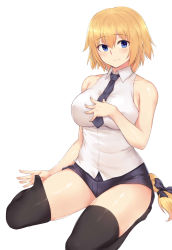 Rule 34 | 1girl, bad id, bad pixiv id, bare shoulders, black thighhighs, blonde hair, blouse, blue eyes, blue necktie, blush, braid, braided ponytail, breasts, closed mouth, cold (hoshinoskull), commentary request, fate/apocrypha, fate (series), hand on own chest, highres, jeanne d&#039;arc (fate), jeanne d&#039;arc (girl from orleans) (fate), jeanne d&#039;arc (ruler) (fate), large breasts, long hair, looking at viewer, necktie, seiza, shiny skin, shirt, shorts, simple background, single braid, sitting, sleeveless, sleeveless shirt, smile, solo, thighhighs, thighs, very long hair, white background, white shirt