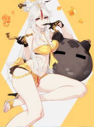 Rule 34 | 1girl, black gloves, breasts, claw ring, closed mouth, feguimel, finger to mouth, genshin impact, gloves, hair ornament, hair stick, high heels, highres, holding, holding smoking pipe, large breasts, long hair, looking at viewer, navel, ningguang (genshin impact), red eyes, silver hair, slime (genshin impact), smoking pipe, solo, tassel, two-tone background, very long hair, white background, yellow background