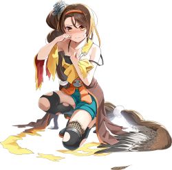 Rule 34 | 1girl, bare shoulders, black footwear, black thighhighs, blue pants, blush, brown eyes, brown hair, emerane, full body, hair ornament, hairband, kawagoe (oshiro project), kneeling, long hair, official art, orange hairband, oshiro project:re, oshiro project:re, pants, solo, tearing up, thighhighs, torn clothes, torn thighhighs, transparent background, very long hair