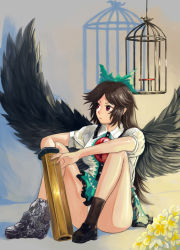 Rule 34 | &gt;:(, 1girl, amibazh, arm cannon, asymmetrical footwear, asymmetrical legwear, bird wings, birdcage, black hair, black wings, bow, cage, closed mouth, convenient leg, feathers, flower, frown, full body, green bow, green skirt, hair bow, knees up, long hair, looking away, mismatched footwear, panties, pantyshot, puffy short sleeves, puffy sleeves, red eyes, reiuji utsuho, shirt, short sleeves, sitting, skirt, solo, spread wings, third eye, touhou, underwear, uneven legwear, v-shaped eyebrows, weapon, white panties, white shirt, wings