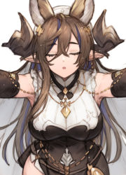 Rule 34 | 1girl, animal ears, bad id, bad pixiv id, bare shoulders, black dress, black thighhighs, blush, breasts, brown hair, closed eyes, detached sleeves, dress, extra ears, galleon (granblue fantasy), granblue fantasy, highres, horns, incoming kiss, koretsuki azuma, large breasts, long hair, long sleeves, open mouth, pointy ears, solo, thighhighs, very long hair