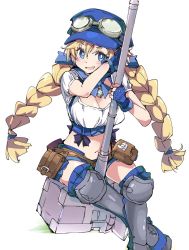 Rule 34 | 1girl, blonde hair, braid, breasts, cleavage, fingerless gloves, gloves, goggles, goggles on headwear, hat, ixy, long hair, looking at viewer, midriff, navel, open mouth, shorts, simple background, smile, soa welch vineyard, solo, star ocean, star ocean anamnesis, thighhighs, twin braids, twintails, white background
