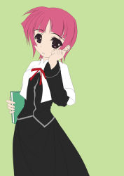 Rule 34 | 00s, 1girl, black dress, blush, book, cowboy shot, dress, frapowa, green background, head tilt, holding, holding book, long sleeves, looking at viewer, lyrical nanoha, mahou shoujo lyrical nanoha, mahou shoujo lyrical nanoha strikers, nun, pink hair, purple eyes, schach nouera, short hair, simple background, smile, solo, traditional nun