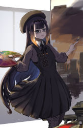 Rule 34 | 1girl, absurdres, beige headwear, beret, black dress, black hair, blush, brown eyes, brown hat, collared shirt, dress, flat chest, glasses, grey shirt, hat, highres, holding, holding paintbrush, hololive, hololive english, long hair, long sleeves, mole, mole under eye, ninomae ina&#039;nis, ninomae ina&#039;nis (casual), official alternate costume, open mouth, paintbrush, painting (action), painting (object), palette (object), shirt, smile, solo, tentacle hair, very long hair, virtual youtuber, vyragami