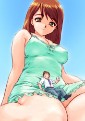 Rule 34 | 1boy, 1girl, breasts, brown eyes, brown hair, chemise, cup, giant, giantess, lap, large breasts, lipstick, long hair, looking down, makeup, mini person, miniboy, necktie, on lap, pants, size difference, sleeves rolled up, smile, teston, thighs, tinyman