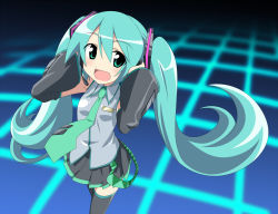 Rule 34 | 1girl, bare shoulders, black thighhighs, covering own ears, detached sleeves, green eyes, green hair, hatsune miku, headset, long hair, matching hair/eyes, open mouth, pleated skirt, skirt, smile, solo, takeya yuuki, thighhighs, twintails, vocaloid