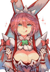 Rule 34 | 1girl, ahoge, animal ears, blue eyes, blush, bow, bracelet, breasts, bridal veil, cleavage, cleavage cutout, clothing cutout, clover, dress, elphelt valentine, four-leaf clover, guilty gear, guilty gear xrd, hair between eyes, hairband, highres, huge ahoge, jewelry, large breasts, levvellevvel, looking at viewer, pink bow, pink hair, rabbit ears, short hair, simple background, solo, sparkle, spiked bracelet, spiked hairband, spikes, tongue, tongue out, upper body, veil, wedding dress, white background