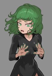 Rule 34 | 1girl, black dress, breasts, collarbone, cowboy shot, d:, dress, green eyes, green hair, grey background, highres, long sleeves, looking down, medium hair, mogglebear, one-punch man, open mouth, simple background, small breasts, solo, tatsumaki