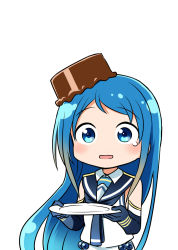 Rule 34 | 10s, 1girl, blue eyes, blue hair, blush, cake, chocolate cake, commentary request, elbow gloves, food, food on head, gloves, gradient hair, highres, holding, holding plate, kamelie, kantai collection, long hair, multicolored hair, neckerchief, object on head, open mouth, plate, samidare (kancolle), school uniform, serafuku, shirt, simple background, sleeveless, sleeveless shirt, solo, swept bangs, tears, tray, valentine, very long hair, white background