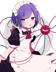 Rule 34 | 1girl, alternate costume, apron, ascot, half-closed eyes, heart, highres, komeiji satori, looking at viewer, maid, maid headdress, open mouth, pink eyes, purple hair, red ascot, short hair, short sleeves, solo, standing, third eye, touhou, white apron, white background, you (noanoamoemoe)
