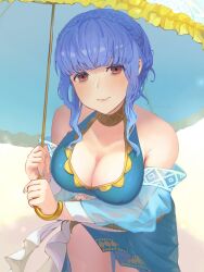 Rule 34 | 1girl, aoisu ao, bags under eyes, bikini, blue bikini, blue hair, blue nails, blue sarong, blue umbrella, blush, braid, breasts, brown eyes, cleavage, closed mouth, commentary request, crown braid, fingernails, fire emblem, fire emblem: three houses, fire emblem heroes, highres, holding, holding umbrella, large breasts, looking at viewer, marianne von edmund, marianne von edmund (summer), nintendo, official alternate costume, parasol, sarong, short hair, sidelocks, solo, swimsuit, umbrella