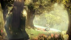 Rule 34 | 2girls, black skirt, brown hair, character request, commentary request, day, elu (nijisanji), facing away, fairy wings, field, flower, flower field, forest, green jacket, green wings, hair ornament, highres, jacket, light brown hair, long hair, long sleeves, looking at another, looking to the side, misaki nonaka, multiple girls, nature, nijisanji, outdoors, parted lips, pleated skirt, red eyes, red flower, red legwear, shirt, short sleeves, side ponytail, sitting, skirt, thighhighs, transparent wings, tree, very long hair, virtual youtuber, white flower, white shirt, wings, yellow flower