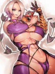 Rule 34 | 1girl, abs, bare shoulders, blue eyes, breasts, cleavage, covered erect nipples, fumio (rsqkr), highres, huge breasts, isabella valentine, light smile, lipstick, looking at viewer, makeup, midriff, purple lips, revealing clothes, short hair, solo, soul calibur, sword, thick thighs, thighs, transformation, transforming weapon, underboob, weapon, whip, whip sword, white hair, wide hips