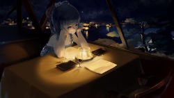 Rule 34 | 1girl, aloin.g, bad id, bad pixiv id, black eyes, black hair, braid, candle, dress, hair rings, head rest, highres, long hair, luo tianyi, napkin, night, smile, star (sky), table, tree, twin braids, vocaloid