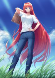 Rule 34 | 1girl, aozaki aoko, arm up, blue eyes, blue pants, blue sky, breasts, cloud, day, denim, hair between eyes, hair intakes, hand on own hip, holding, holding suitcase, jeans, long hair, looking at viewer, medium breasts, melty blood, miyai sen, open mouth, outdoors, pants, pocket, red hair, shirt, short sleeves, sidelocks, sky, smile, solo, suitcase, sunlight, t-shirt, tsukihime, type-moon, very long hair, white shirt, wind