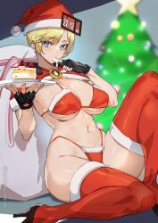 Rule 34 | 1girl, alternate costume, ashiomi masato, bikini, black footwear, black gloves, blonde hair, blue eyes, blurry, blurry background, blush, breasts, cake, capelet, christmas, christmas tree, cleavage, commentary, fingerless gloves, food, full body, fur-trimmed capelet, fur-trimmed thighhighs, fur trim, gift bag, gloves, guilty gear, hat, high heels, highleg, highleg bikini, holding, holding plate, icing, knee up, large breasts, licking, licking finger, looking at viewer, millia rage, navel, plate, pom pom (clothes), red bikini, red capelet, red hat, red thighhighs, santa bikini, santa hat, short hair, sitting, solo, stomach, strawberry cake, string bikini, swimsuit, thighhighs, thighs, twitter username