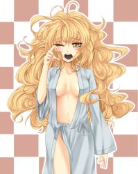 Rule 34 | 1girl, bad id, bad pixiv id, big hair, blonde hair, breasts, checkered background, cleavage, female focus, highres, japanese clothes, kamo (yokaze), kirisame marisa, long hair, messy hair, navel, one eye closed, open clothes, open robe, robe, solo, tears, touhou, underwear, underwear only, wince, wink, yawning, yellow eyes