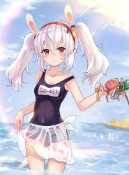 Rule 34 | :&lt;, absurdres, animal ears, artist request, azur lane, beach, blush, breasts, day, fake animal ears, headband, highres, laffey (azur lane), light purple hair, looking at viewer, octopus, one-piece swimsuit, outdoors, palm tree, red eyes, school swimsuit, sky, small breasts, solo, swimsuit, tree, twintails, wet, wet clothes, wet swimsuit
