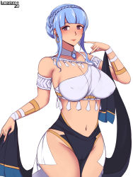 Rule 34 | 1girl, armlet, artist name, blouse, blue hair, blush, braid, breasts, cameltoe, choker, cleavage, cleft of venus, closed mouth, covered erect nipples, crown braid, dancer, dancer (fire emblem: three houses), dress, earrings, fire emblem, fire emblem: three houses, highres, jewelry, large breasts, looking at viewer, lumarianne20, marianne von edmund, nail polish, navel, nintendo, pelvic curtain, purple eyes, see-through, shirt, simple background, solo, white background, white shirt, wide hips