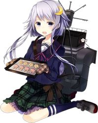 Rule 34 | 10s, 1girl, blue legwear, collarbone, cookie, crescent, crescent hair ornament, flower, food, frilled skirt, frills, full body, gloves, hair ornament, kantai collection, kusada souta, loafers, long sleeves, looking at viewer, lowres, machinery, official art, on floor, open mouth, oven mitts, purple eyes, purple hair, radio antenna, ribbon, school uniform, serafuku, shoes, short hair, short hair with long locks, simple background, sitting, skirt, smokestack, solo, teeth, transparent background, tray, wariza, white background, yayoi (kancolle)