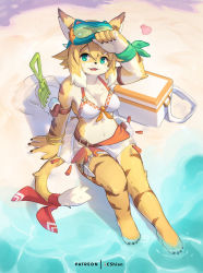 Rule 34 | 1girl, :3, adjusting eyewear, animal ears, animal hands, arm support, arm up, armlet, artist name, bangle, bare shoulders, barefoot, beach, bikini, bikini skirt, blonde hair, blue-framed eyewear, box, bracelet, breasts, cat ears, cat tail, claws, cooler, dagger, eyewear on head, facial mark, female focus, from above, full body, furry, furry female, goggles, green-tinted eyewear, green eyes, green ribbon, happy, highres, jewelry, knee up, knife, lcshian, looking up, medium breasts, mia (world flipper), multicolored hair, navel, open mouth, outdoors, patreon logo, patreon username, pouch, rake, red ribbon, ribbon, sand, seashell, see-through, sheath, sheathed, shell, short hair, sitting, smile, solo, stomach, swimsuit, tail, tail ornament, tail ribbon, thigh strap, tinted eyewear, two-tone hair, water, watermark, weapon, whisker markings, white bikini, white hair, world flipper