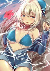 Rule 34 | 10s, 1girl, atago (kancolle), beret, bikini, bikini under clothes, blonde hair, blue bikini, blue eyes, blue hat, blue jacket, breasts, cowboy shot, eyelashes, flower, hair between eyes, halterneck, hat, hibiscus, highres, jacket, kantai collection, large breasts, long hair, long sleeves, looking at viewer, miniskirt, nekotama1987, open clothes, open jacket, partially submerged, pencil skirt, pink flower, sketch, skirt, sleeves past wrists, smirk, solo, swimsuit, swimsuit under clothes, underboob, water, wet