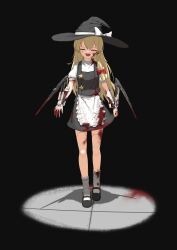 Rule 34 | 1girl, :d, absurdres, apron, arm blade, black background, black footwear, black hat, black skirt, black vest, blonde hair, blood, blood on arm, blood on clothes, blood on face, blood on leg, blood splatter, bow, braid, breasts, closed eyes, commentary request, cookie (touhou), cyberpunk (series), full body, hair bow, hat, hat bow, highres, joints, kirisame marisa, long hair, mantis blades (cyberpunk), mary janes, medium bangs, open mouth, prosthesis, prosthetic arm, puffy short sleeves, puffy sleeves, robot joints, round teeth, shirt, shoes, short sleeves, single braid, skirt, skirt set, small breasts, smile, socks, solo, standing, suzu (cookie), teeth, touhou, traveler hxy, upper teeth only, vest, waist apron, walking, weapon, white apron, white bow, white shirt, white socks, witch hat