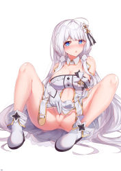 Rule 34 | 1girl, absurdres, azur lane, bare shoulders, blue eyes, blush, boots, breasts, censored, cleavage, detached collar, elbow gloves, flower, gloves, hair flower, hair ornament, hair ribbon, highres, illustrious (azur lane), illustrious (muse) (azur lane), large breasts, long hair, mosaic censoring, ribbon, simple background, sitting, skirt, solo, strapless, very long hair, watchdog rol (y1104280730), white background, white footwear, white gloves, white hair, white skirt