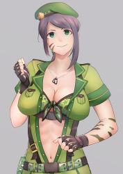 Rule 34 | 1girl, abs, asymmetrical hair, bad id, bad pixiv id, belt, beret, bikini, bikini top only, black hair, bodypaint, breast pocket, breasts, camouflage, camouflage bikini, chest strap, clenched hand, dog tags, facepaint, fingerless gloves, front-tie bikini top, front-tie top, gloves, gobi (jtnyrwbkohiqsuldg), green eyes, hat, highres, idolmaster, idolmaster cinderella girls, idolmaster cinderella girls starlight stage, large breasts, long hair, looking at viewer, military, military uniform, navel, pocket, ponytail, radio, short sleeves, simple background, smile, solo, stomach, swimsuit, uniform, upper body, yamato aki