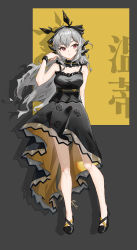 Rule 34 | 1girl, absurdres, arknights, bare arms, bare legs, bare shoulders, black background, black dress, black footwear, commentary, dress, drop shadow, full body, grey hair, hand up, highres, long hair, looking to the side, mrdaji, red eyes, shoes, sleeveless, sleeveless dress, solo, spaghetti strap, standing, very long hair, weedy (arknights)