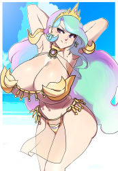 Rule 34 | 1girl, armor, armpits, arms behind head, arms up, bikini armor, breasts, celestia (my little pony), highres, huge breasts, licking lips, looking at viewer, maniacpaint, multicolored hair, my little pony, my little pony: friendship is magic, navel, oddmachine, personification, purple eyes, smile, solo, stomach, tiara, tongue, tongue out