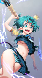 Rule 34 | 1girl, :d, bikini, bikini skirt, breasts, cowboy shot, frilled bikini, frills, from below, glasses, gradient background, green bikini, green eyes, green hair, grey background, highres, holding, holding weapon, looking at viewer, medium breasts, natto soup, navel, open mouth, pandoria (beach date) (xenoblade), pandoria (xenoblade), pointy ears, round eyewear, short hair, smile, solo, striped bikini, striped clothes, swimsuit, tail, underboob, weapon, xenoblade chronicles (series), xenoblade chronicles 2