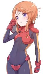Rule 34 | 1girl, blue eyes, blush, bodysuit, breasts, brown hair, character name, closed mouth, covered navel, gloves, gundam, gundam zz, hand up, konnyaku (kk-monmon), looking at viewer, orange hair, puru two, red gloves, short hair, simple background, small breasts, solo, swept bangs, white background