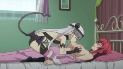 Rule 34 | 10s, 2girls, animated, animated gif, bed, bedroom, blush, grabbing another&#039;s breast, breast sucking, breasts, breasts out, demon girl, demon tail, closed eyes, female focus, grabbing, large breasts, multiple girls, naruse maria, naruse mio, nipples, no bra, on bed, pajamas, pointy ears, red hair, screencap, shinmai maou no testament, sleep molestation, sleeping, straddling, tail, yuri