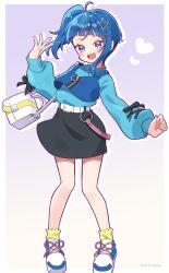 Rule 34 | 1girl, absurdres, ankle socks, bag, belt, black skirt, blue camisole, blue eyes, blue hair, blue shirt, camisole, carrying, casual, commentary, cross-laced footwear, cut bangs, full body, hair ornament, hairclip, heart, highres, hiiragi syuu, hirogaru sky! precure, layered clothes, long sleeves, looking at viewer, medium hair, miniskirt, open mouth, precure, satchel, shirt, shoes, side ponytail, single sidelock, skirt, smile, socks, solo, sora harewataru, standing, twitter username, waving, white belt, white footwear, yellow socks