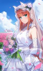 Rule 34 | 1girl, absurdres, blue eyes, blue sky, blunt bangs, bouquet, bridal veil, closed mouth, cloud, commission, day, dress, flower, gloves, highres, holding, holding bouquet, horse girl, horse tail, jeze, long hair, looking at viewer, orange hair, outdoors, petals, pink flower, pink rose, pixiv commission, rose, silence suzuka (umamusume), sky, smile, solo, tail, umamusume, veil, wedding dress, white dress, white flower, white gloves, white rose
