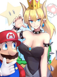 Rule 34 | 1girl, armlet, bare shoulders, black dress, black nails, blonde hair, blue eyes, bowsette, bracelet, breasts, cleavage, closed mouth, collar, crown, dress, earrings, facial hair, fang, gloves, hair between eyes, hat, highres, horns, jewelry, large breasts, looking at viewer, mario, mario (series), mushroom, mustache, nail polish, new super mario bros. u deluxe, nintendo, overalls, plumber, pointy ears, ponytail, red hat, sharp teeth, shigure s, spiked bracelet, spiked collar, spiked shell, spiked tail, spikes, star (symbol), strapless, strapless dress, super crown, super mushroom, tail, teeth, turtle shell, white gloves