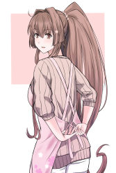 Rule 34 | 1girl, apron, beige sweater, border, brown eyes, brown hair, casual, cherry blossoms, commentary request, female focus, flower, flower print, from behind, hair flower, hair ornament, highres, kantai collection, long hair, matching hair/eyes, pants, pink background, ponytail, ribbed sweater, solo, sweater, takase asagiri, two-tone background, tying, white apron, white border, white pants, yamato (kancolle)