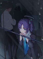 Rule 34 | 1boy, 1girl, absurdres, against railing, black jacket, black pants, black skirt, blue archive, bra visible through clothes, formal, from outside, highres, jacket, looking at viewer, lovelyme, own hands together, pants, purple hair, railing, rain, sensei (blue archive), shirt, skirt, two side up, water drop, wet, wet clothes, wet shirt, white shirt, yuuka (blue archive)