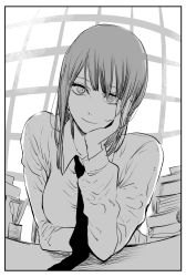 Rule 34 | 1girl, book, breasts, chainsaw man, collared shirt, formal, greyscale, hand on own chin, hand on own face, highres, large breasts, long hair, looking at viewer, makima (chainsaw man), monochrome, necktie, shirt, smile, solo, window, yokoyari mengo