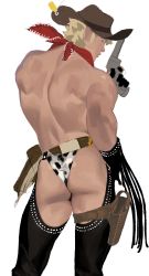 Rule 34 | 1boy, absurdres, animal print, ass, back, bara, black pants, blonde hair, character request, check character, check copyright, copyright request, cow boy, cow print, cowboy, cowboy western, crossdressing, crotchless, crotchless pants, feet out of frame, from behind, gun, highres, holding, holding gun, holding weapon, horikwawataru, looking at viewer, looking back, male focus, muscular, muscular male, original, panties, pants, print panties, short hair, sideburns, solo, thick thighs, thighs, topless male, underwear, weapon, western