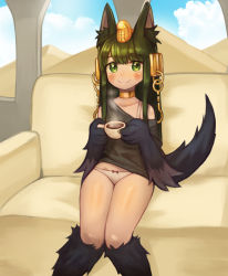 Rule 34 | 1girl, absurdres, animal ears, anubis (monster girl encyclopedia), blush, bra strap, closed mouth, collarbone, commission, cup, dog ears, dog tail, green eyes, green hair, highres, holding, holding cup, long hair, looking at viewer, monster girl, monster girl encyclopedia, panties, sitting, smile, solo, sookmo, steam, tail, tail raised, underwear, white panties