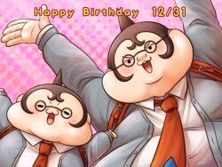 Rule 34 | 1boy, arms up, backpack, bag, birthday, black-framed eyewear, black eyes, black hair, blue jacket, blue sleeves, buttons, chibi, collared shirt, danganronpa: trigger happy havoc, danganronpa (series), dated, english text, fat, fat man, glasses, happy birthday, jacket, layered sleeves, light blush, long sleeves, male focus, necktie, open clothes, open jacket, open mouth, orange necktie, outstretched arms, pink background, polka dot, polka dot background, round eyewear, shirt, short hair, simple background, sleeves past wrists, smile, solid circle eyes, upper body, v-shaped eyebrows, very short hair, white shirt, yamada hifumi, yumaru (marumarumaru)